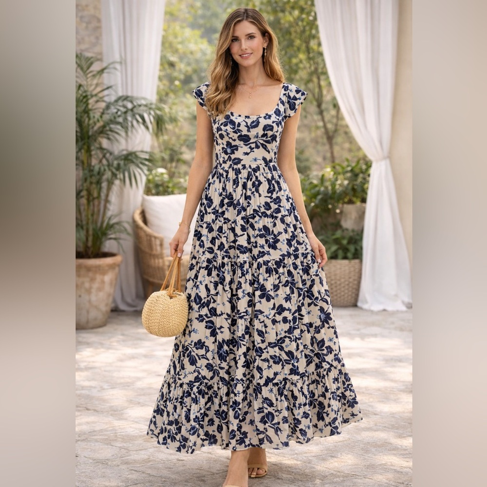 Lovestitch Navy Floral Maxi Dress Boho Cottagecore Tiered Ruffle Sundress Size L